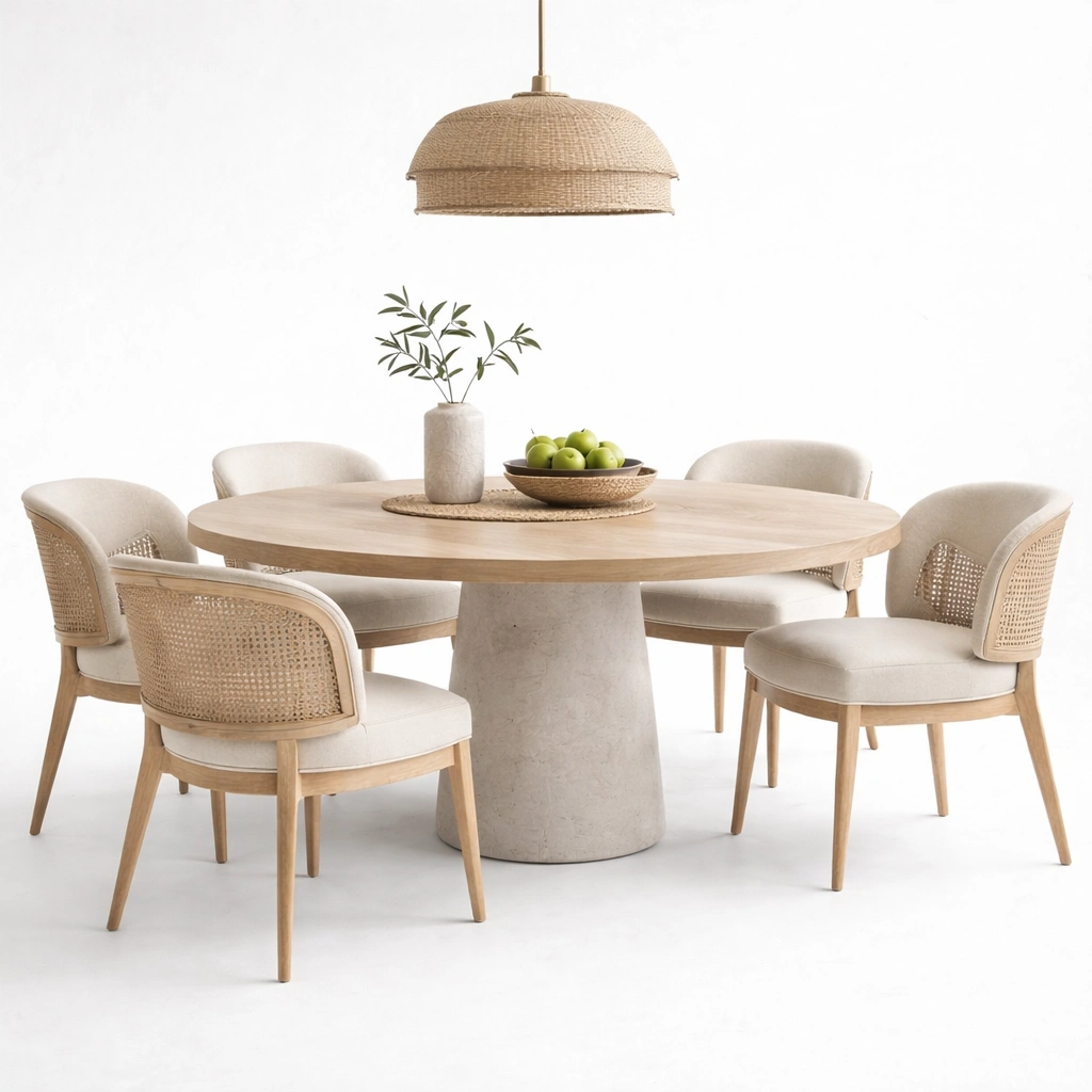 Tavolo da pranzo rotondo beige con base centrale in legno-iravor