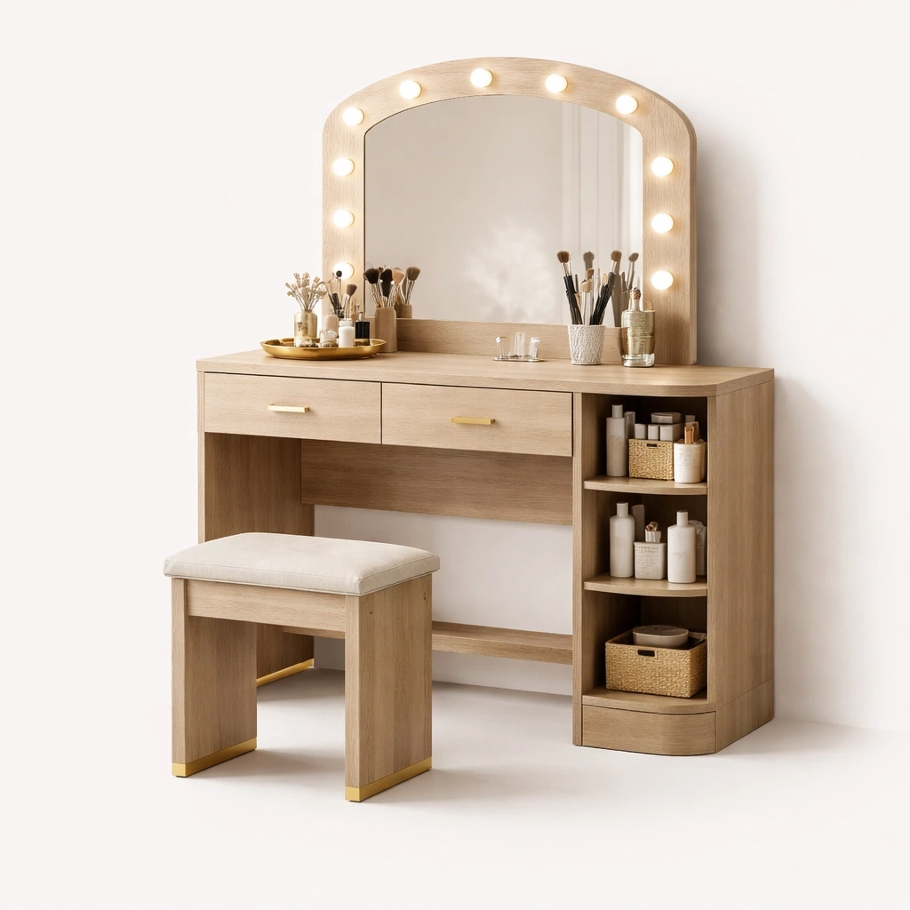 Toeletta moderna beige con specchio LED e sgabello-iravor