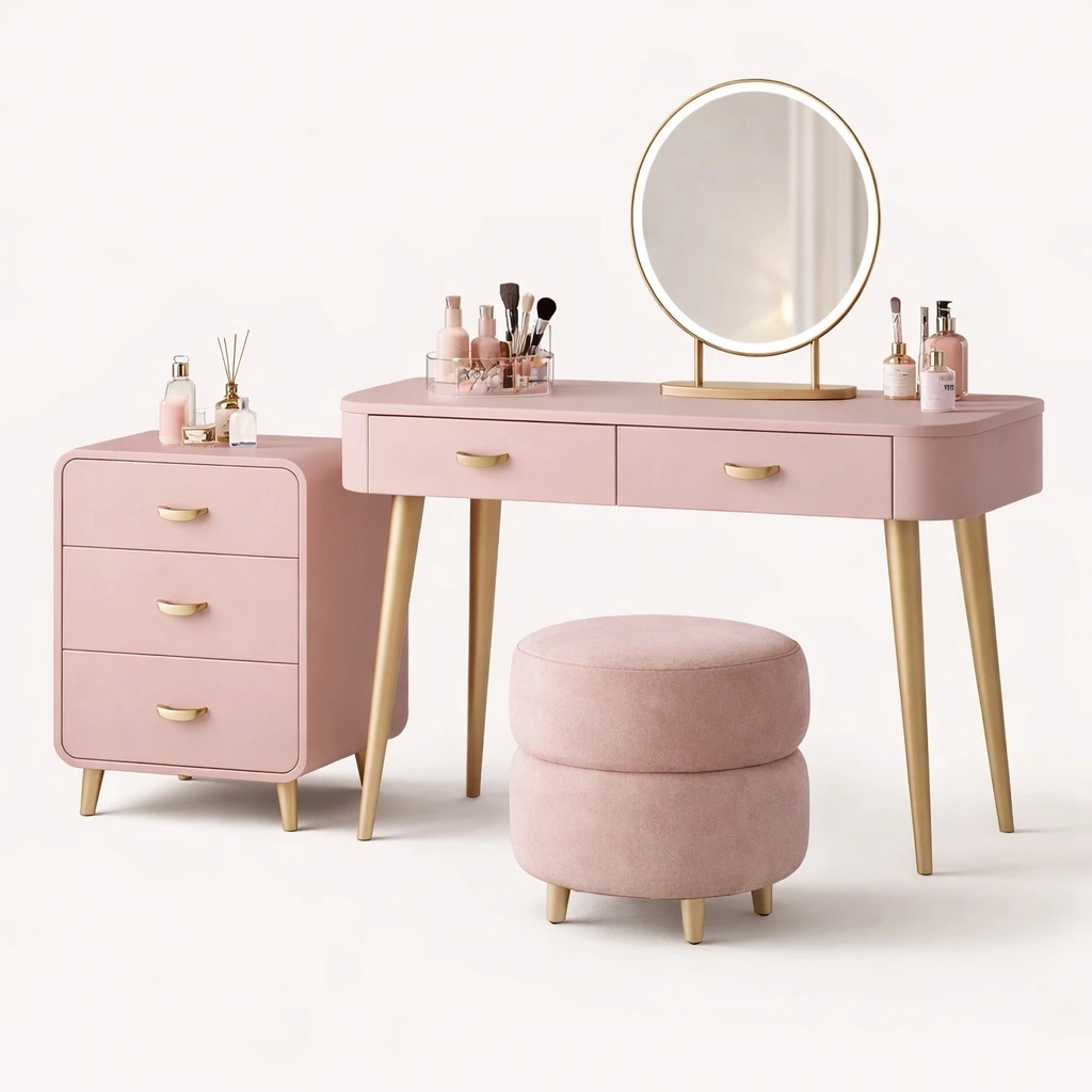 Toeletta moderna rosa con specchio e cassettiera coordinata-iravor