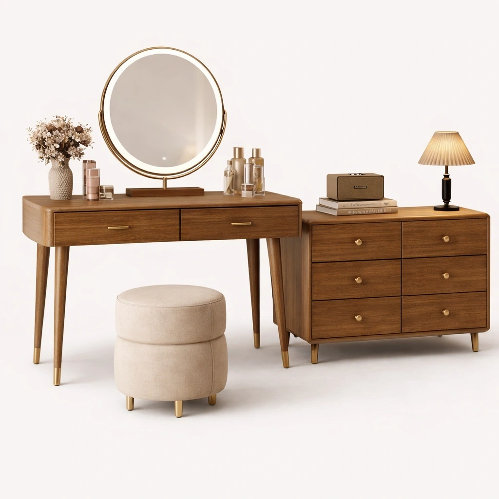 Toeletta classica marrone con specchio e cassettiera ampia-iravor