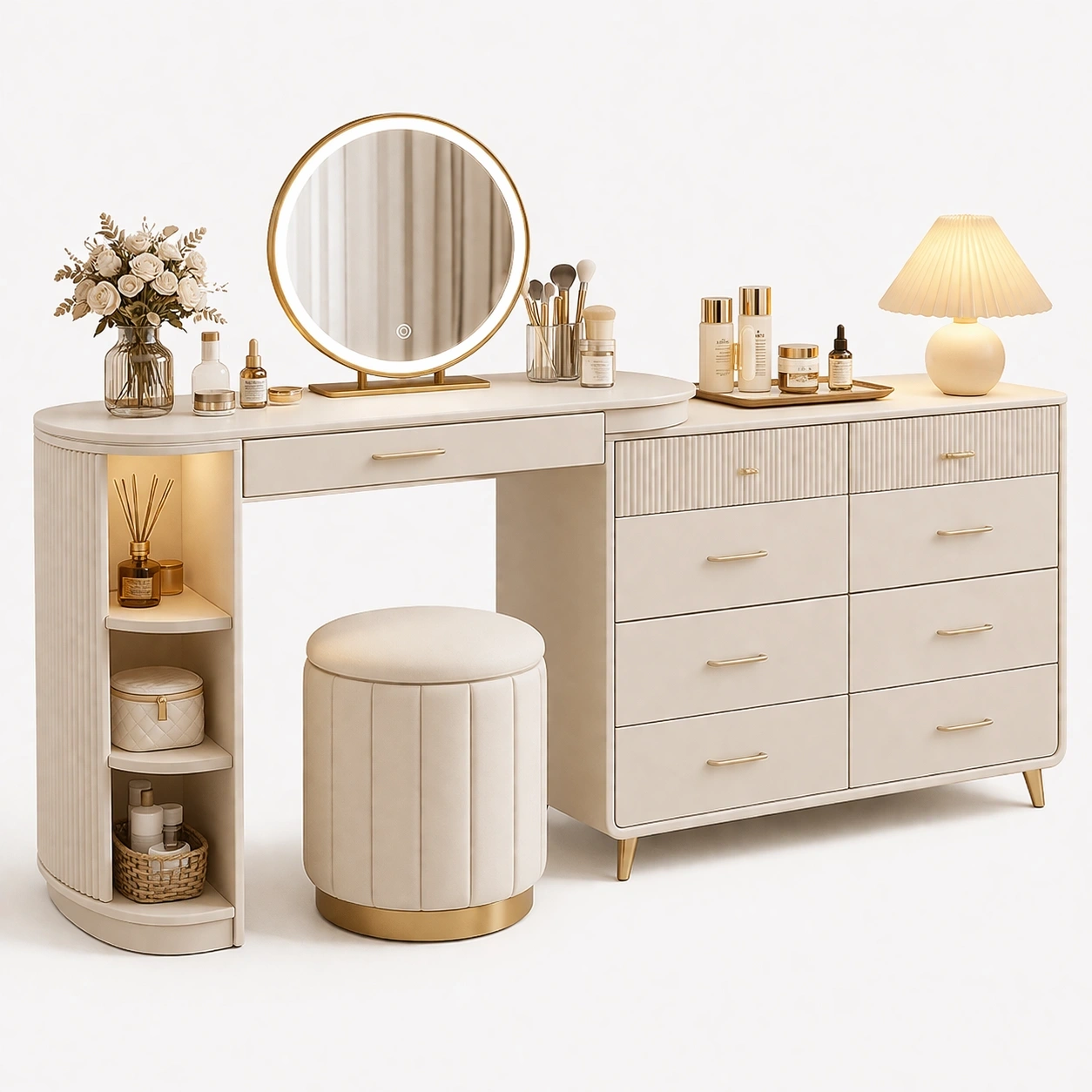 Toeletta moderna beige con illuminazione e mobile contenitore-iravor