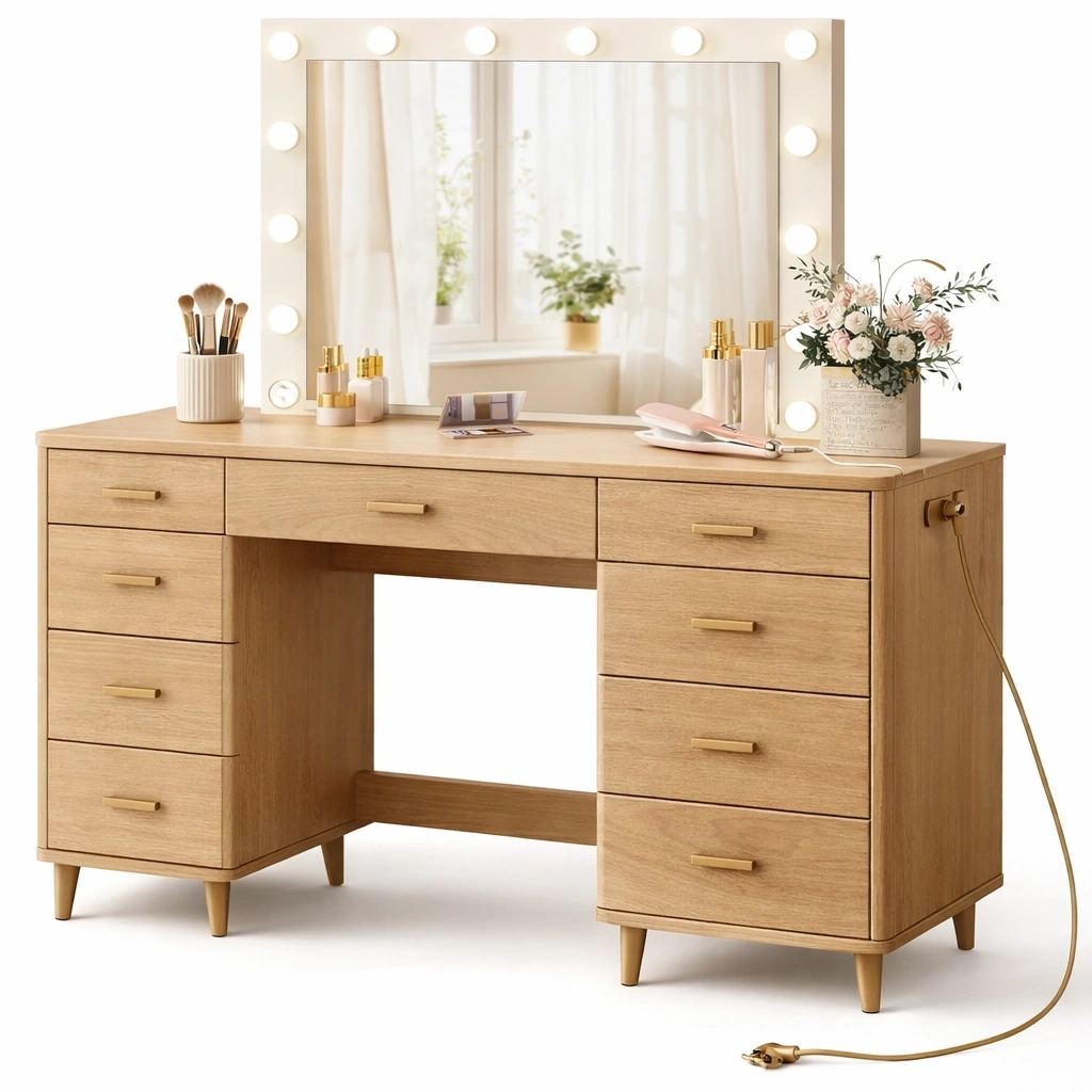 Toeletta professionale naturale con specchio LED e multipli cassetti-iravor