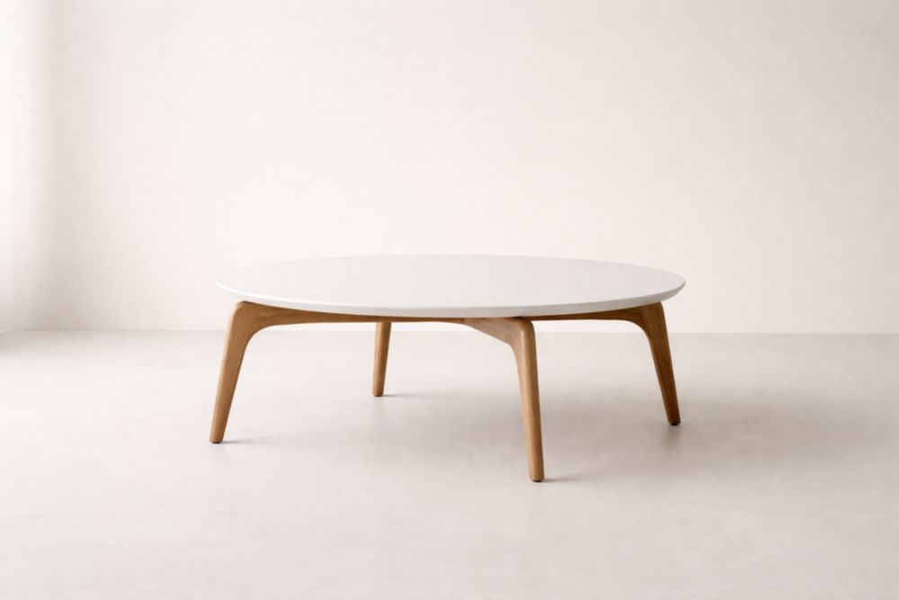 Runder Couchtisch mit MDF-Platte und Eichenholzbeinen, Weiß