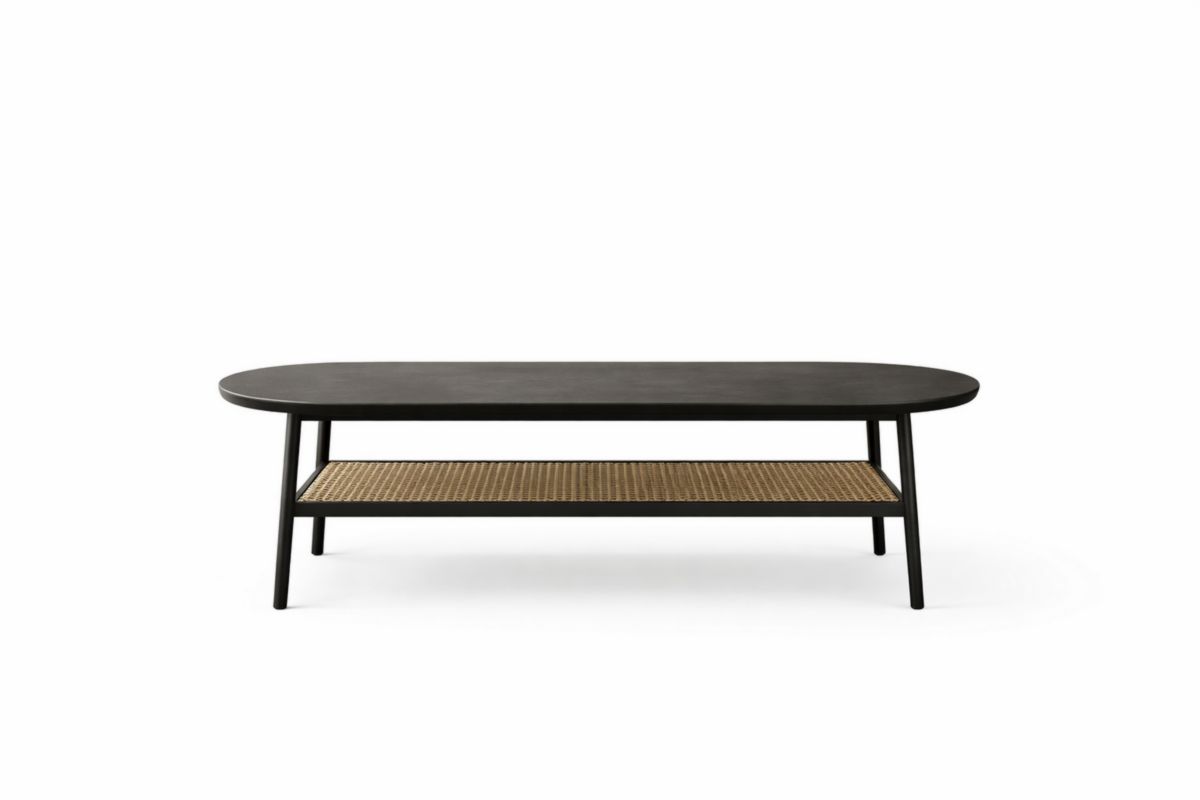 Ovaler Couchtisch mit Rattan Ablage Schwarz Holz 120cm x 60cm x 45cm