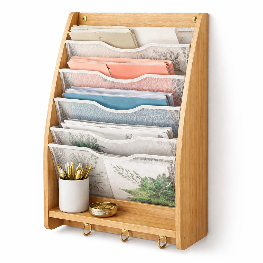 Organizador De Pared Con Bolsillos De Tela Y Madera Natural-Omnorae