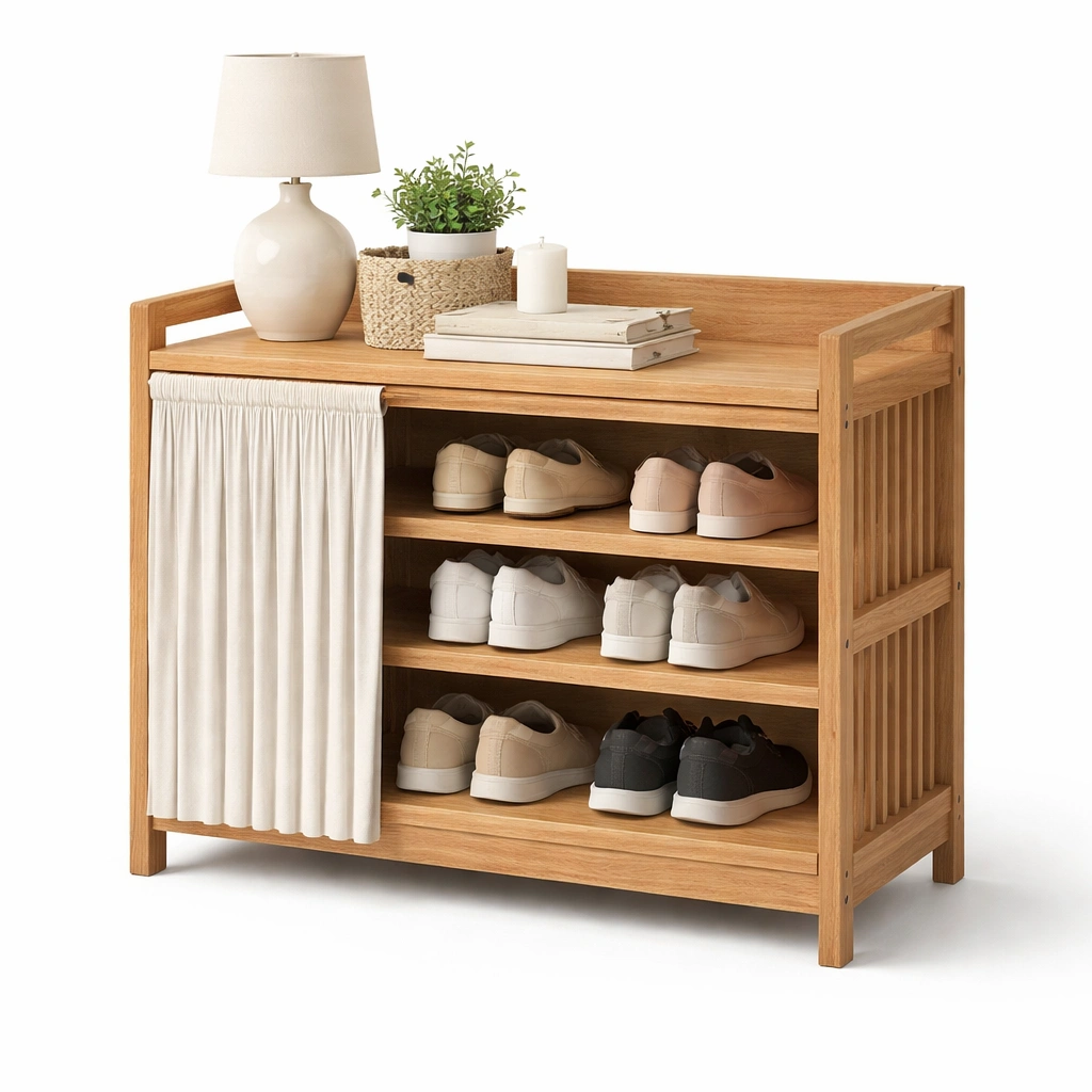 Zapatero De Madera Con Cortina Textil-Omnorae