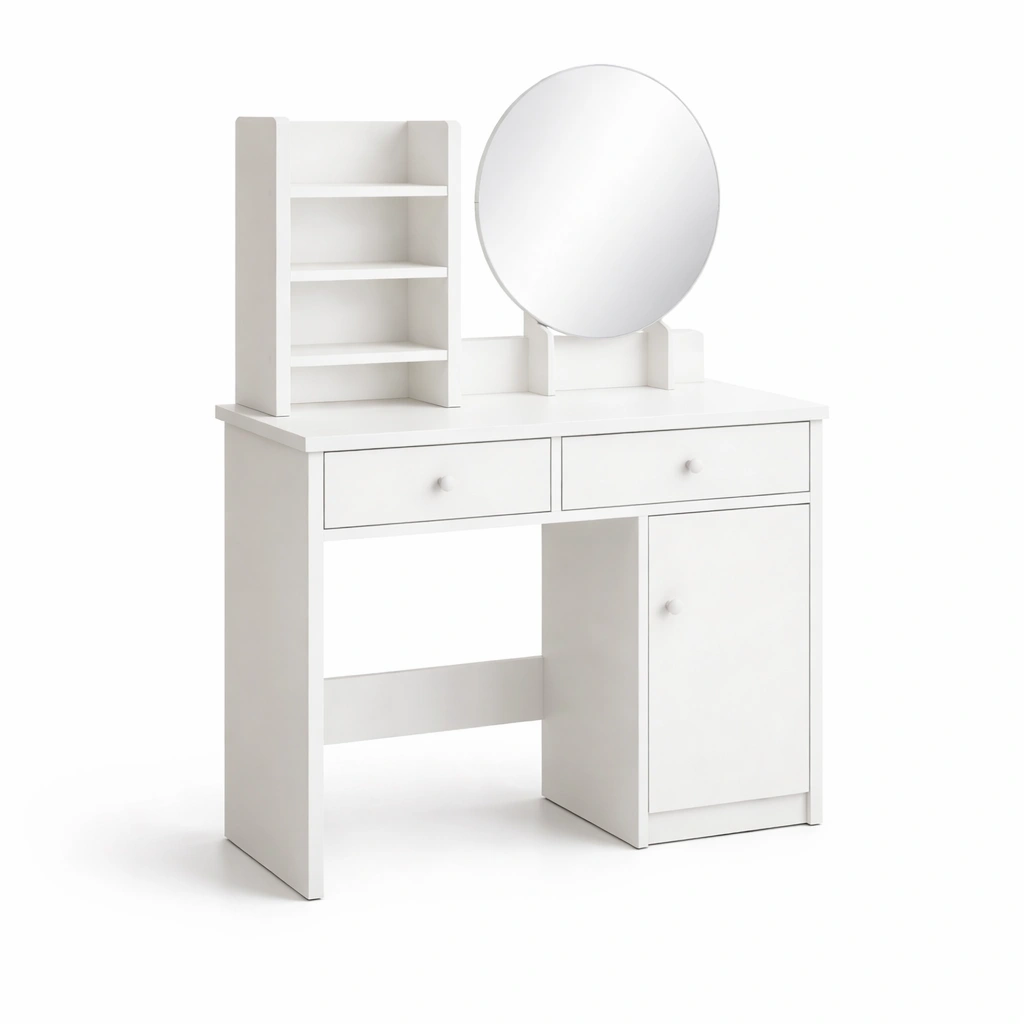 Tocador - Tocador de madera blanca con espejo y estanteria