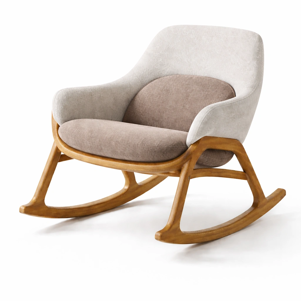 Silla mecedora - Silla mecedora de madera con tapizado de poliester beige y marron