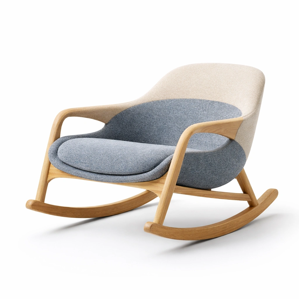 Silla mecedora - Silla mecedora de madera con tapizado gris y crema