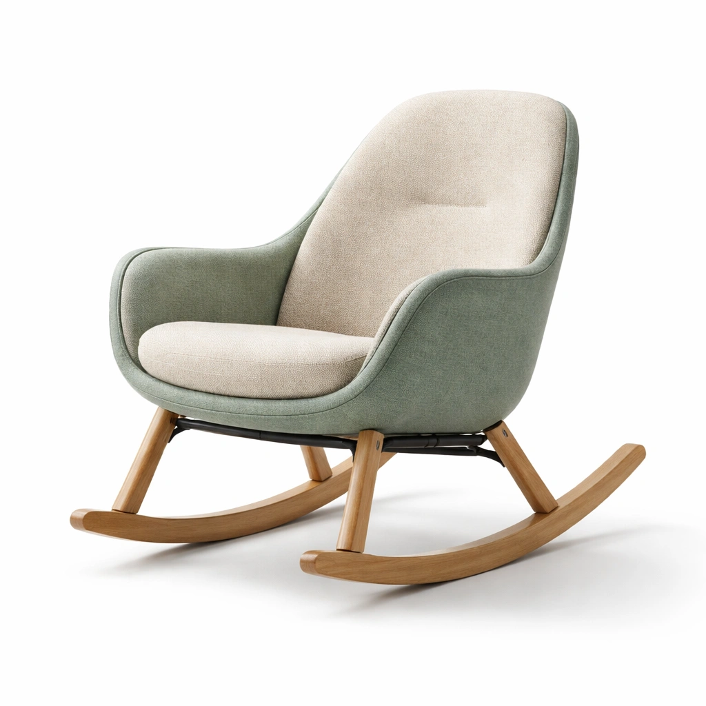 Silla mecedora - Silla mecedora de madera con tapizado de poliester beige y verde