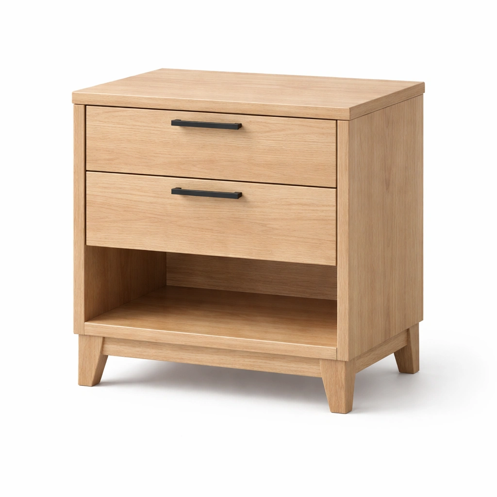 Mesita de noche - Mesita de noche de madera de roble con cajones y estante abierto
