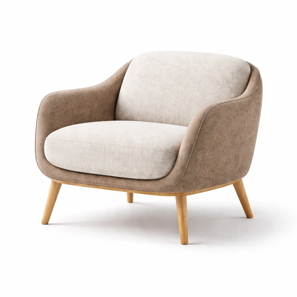 Sillón - Sillón individual de tela beige y marron con patas de madera