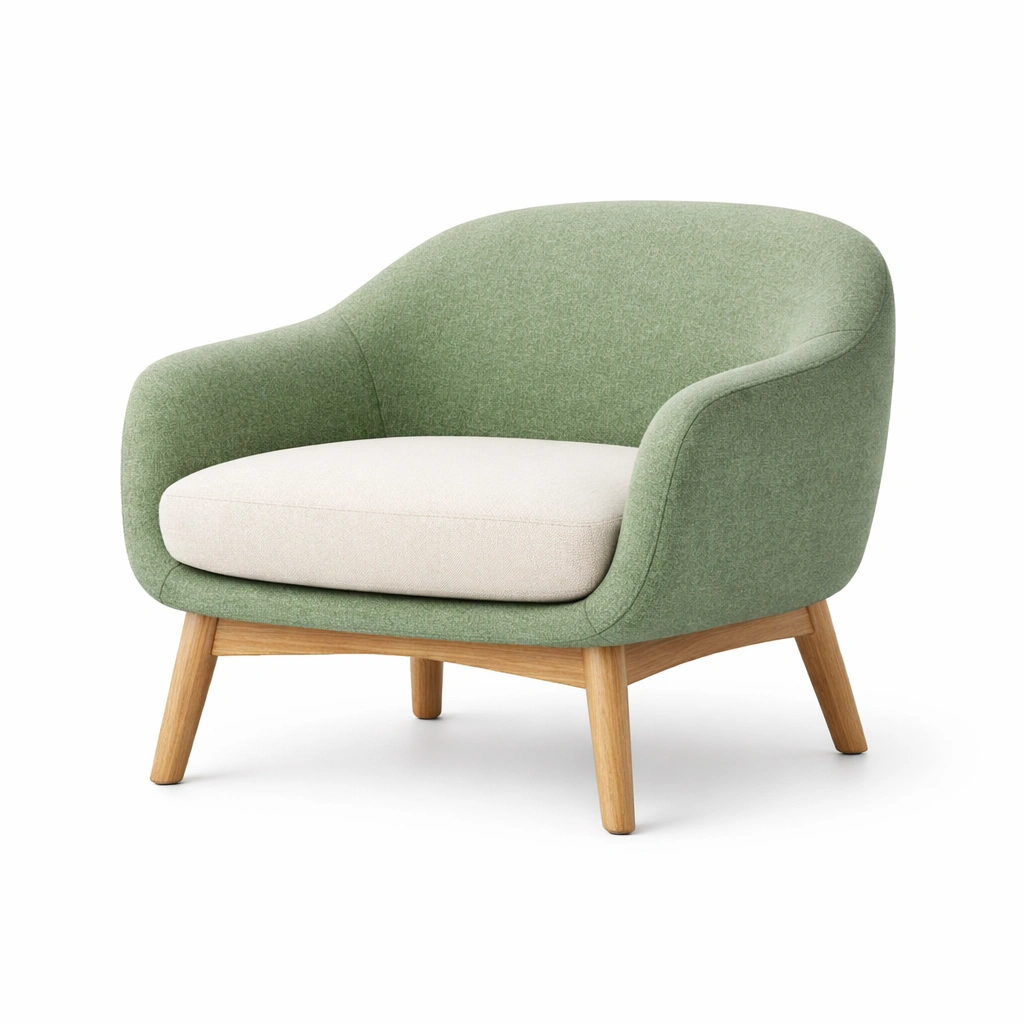 Sillón - Sillón de tela verde y beige con base de roble