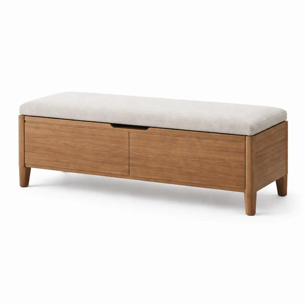 Banco con almacenamiento - Banco con almacenamiento de madera con cojín tapizado beige