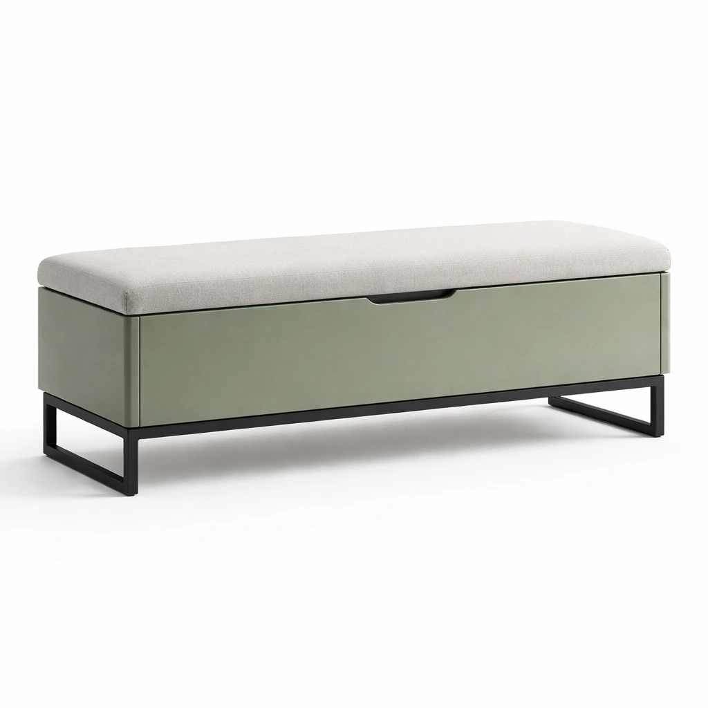 Banco con almacenamiento - Banco con almacenamiento tapizado con base metálica en verde