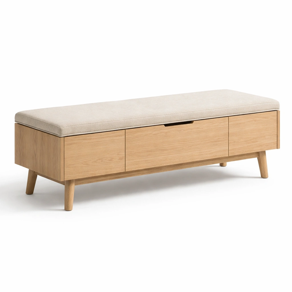 Banco con almacenamiento - Banco con almacenamiento de madera de roble con tapizado beige
