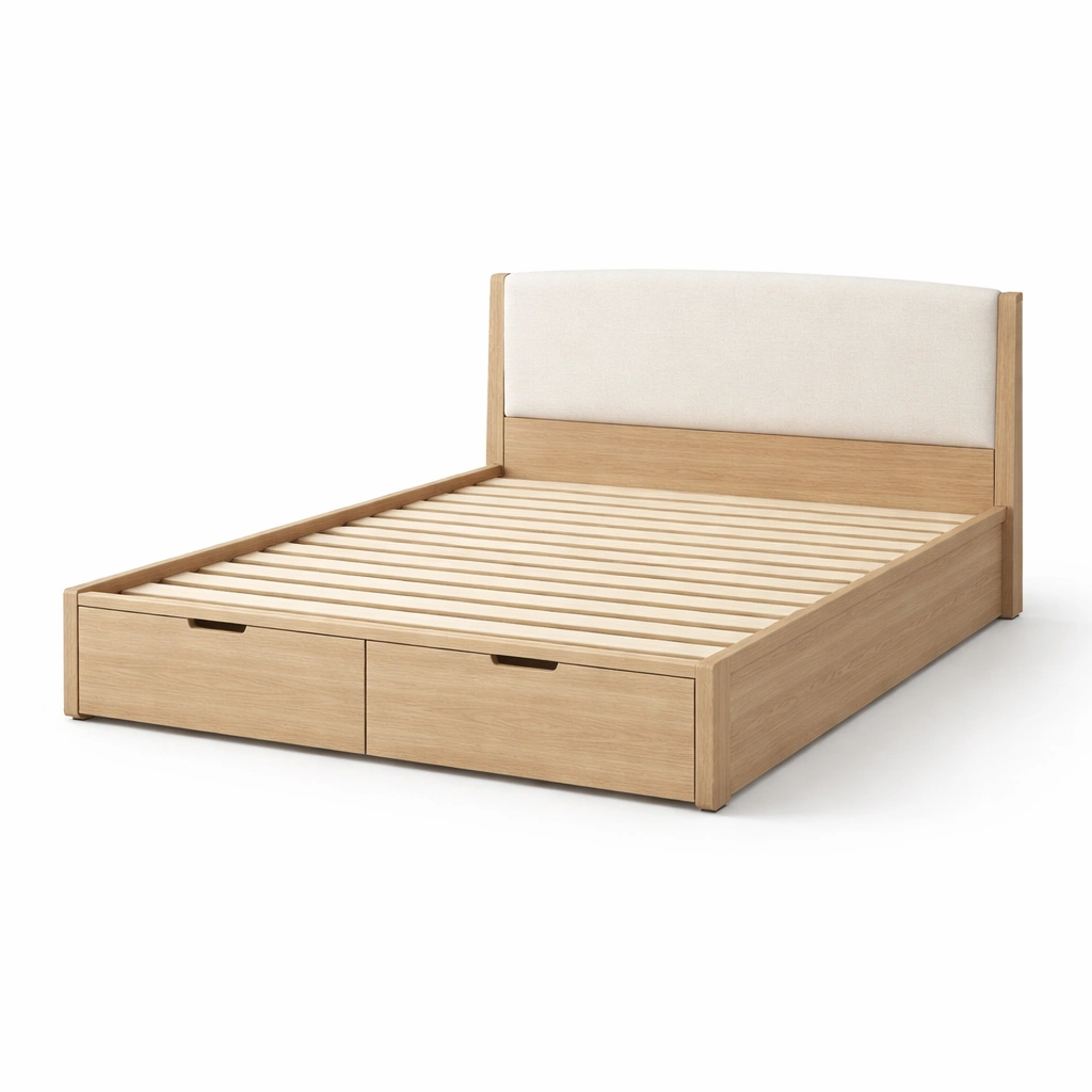 Cama con almacenamiento - Cama con almacenamiento de madera con cabecero de tela