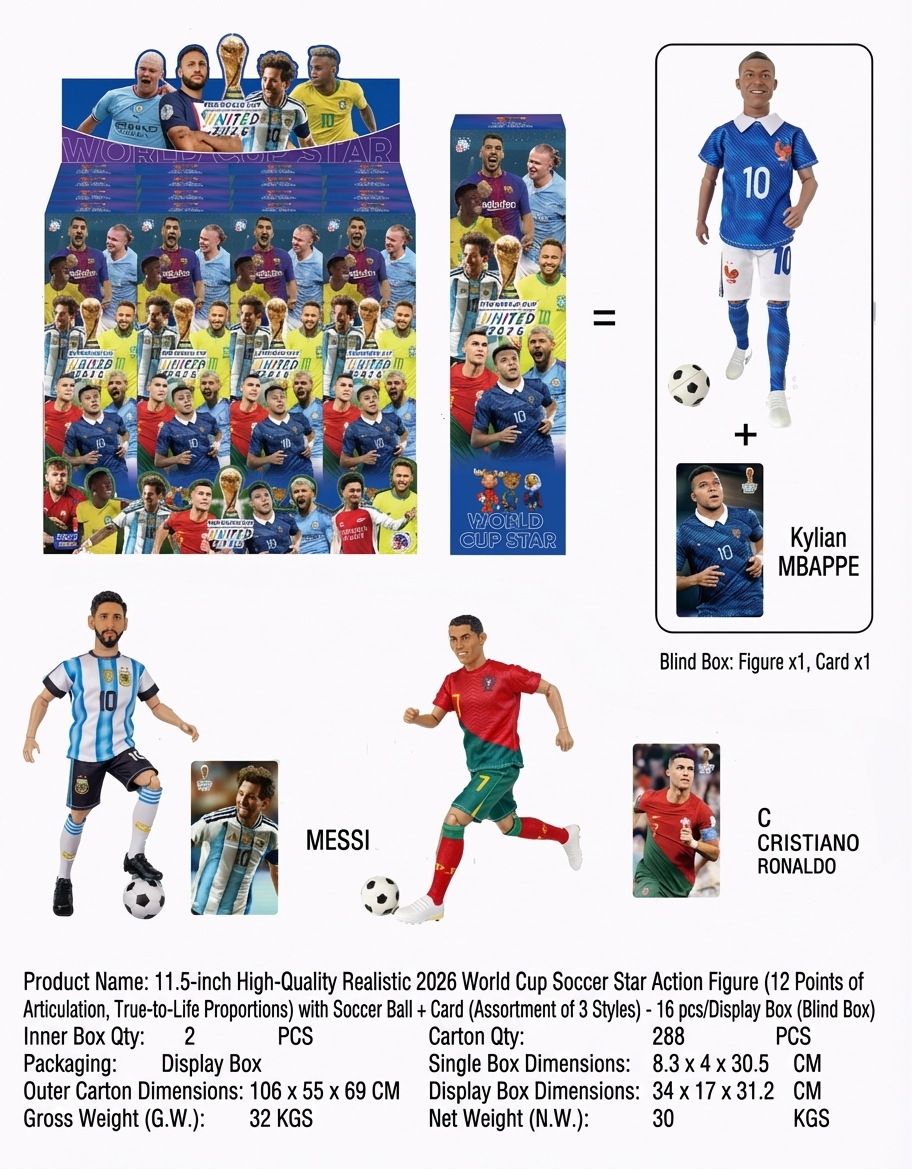 11.5" Premium Soccer Star Action Figure Blind Box - 2026 Global Football Hero Collection, Large Realistic Athlete Figures, Random Style Collectible