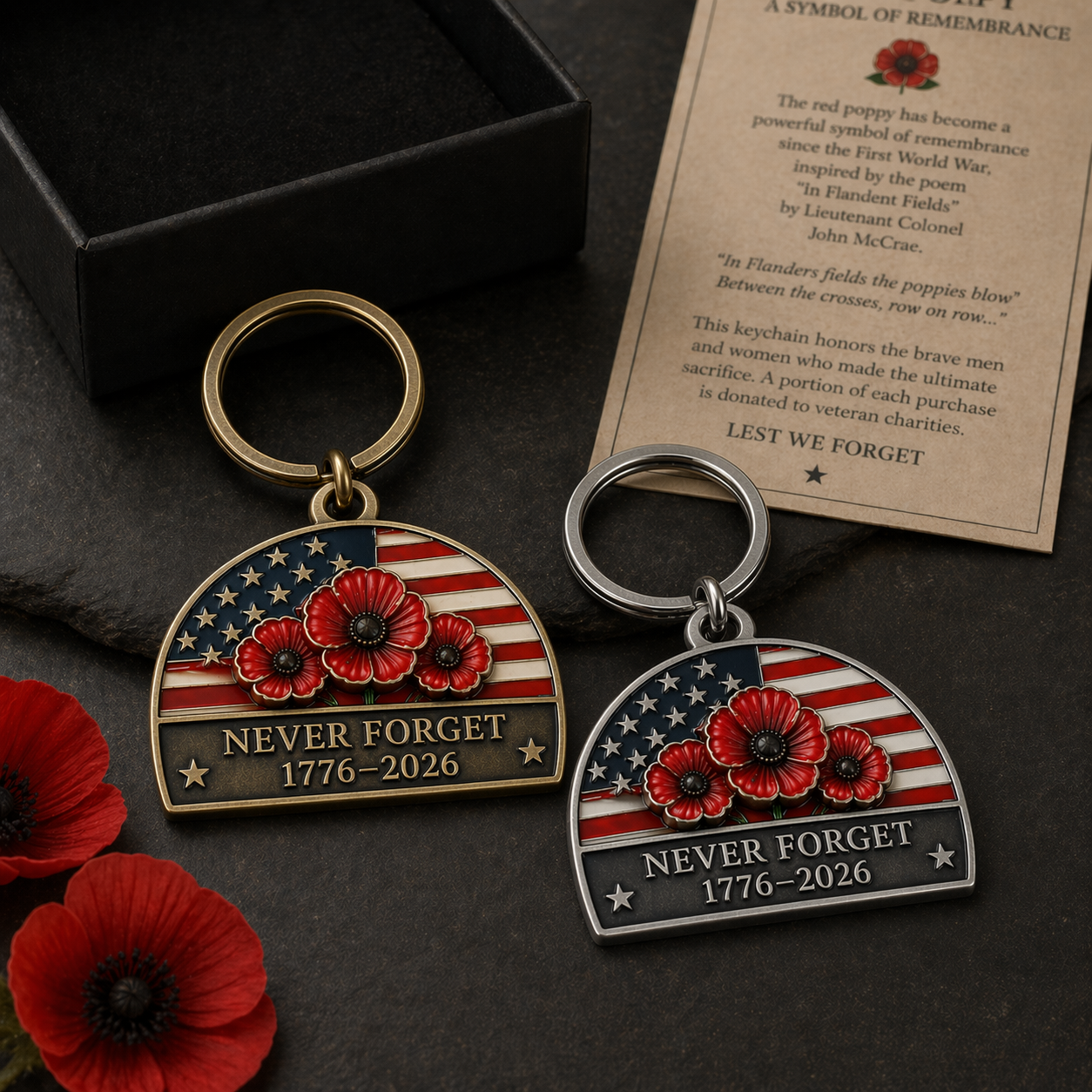 🇺🇸 America 250 Memorial Poppy Keychain – Gift Box Included