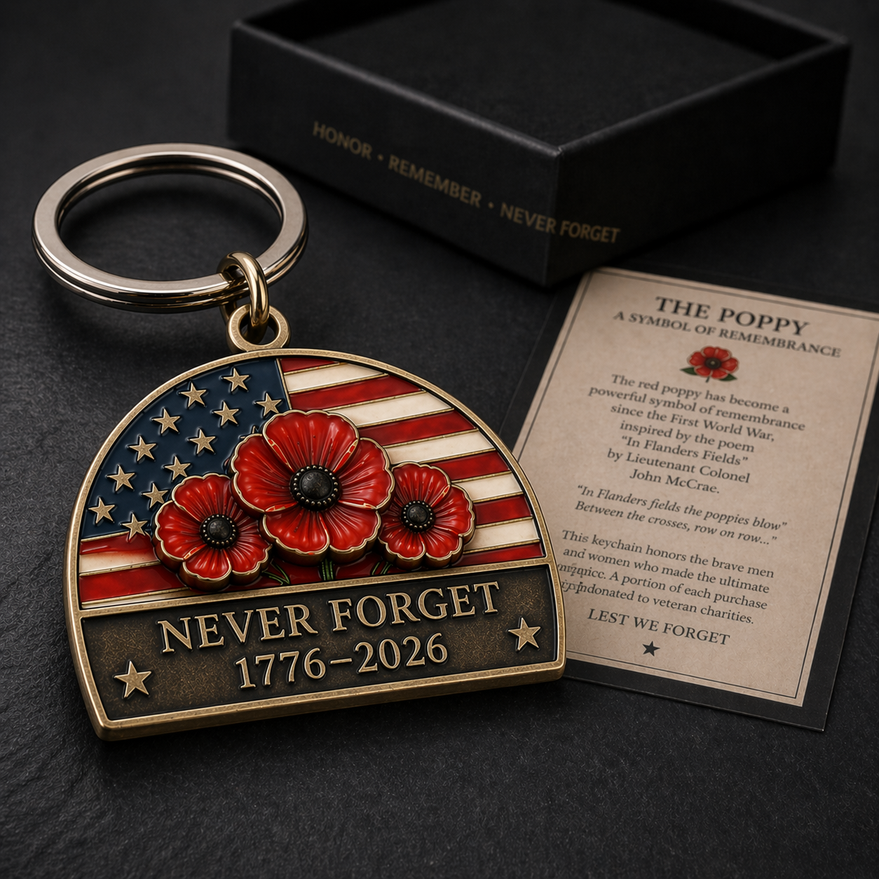 🇺🇸 America 250 Memorial Poppy Keychain – Gift Box Included