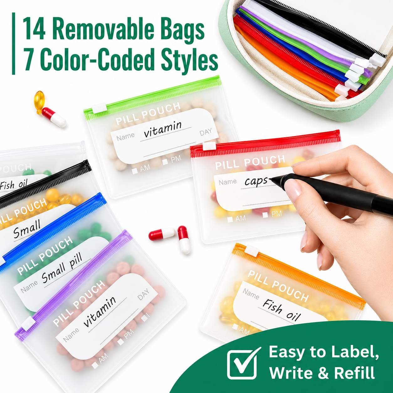 💊 Waterproof Travel Pill Organizer Pouch | 14 Bags For 7–14 Days