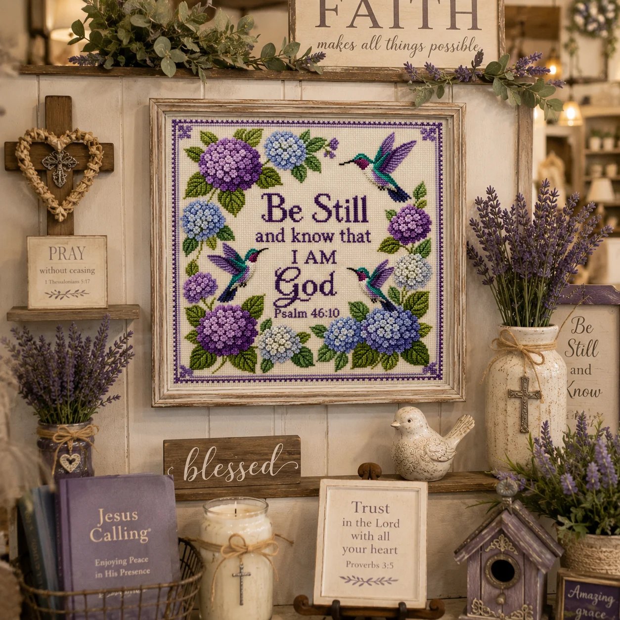 🔥Last Day 50% OFF - ✝️🪡 Hummingbird Garden Faith Cross Stitch Kit