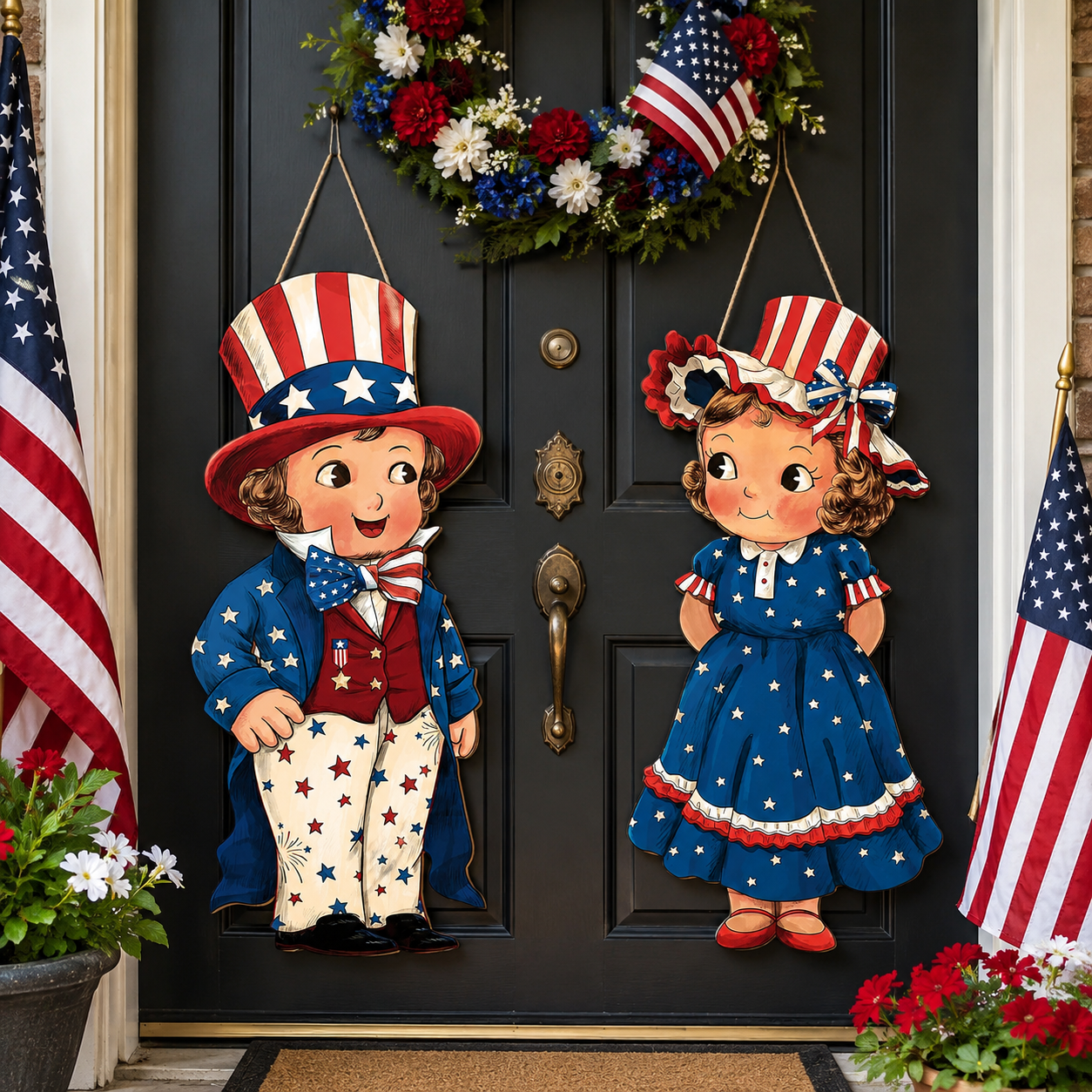 2-Piece Patriotic Wooden Hanging Door Signs – Vintage Americana Porch Decor