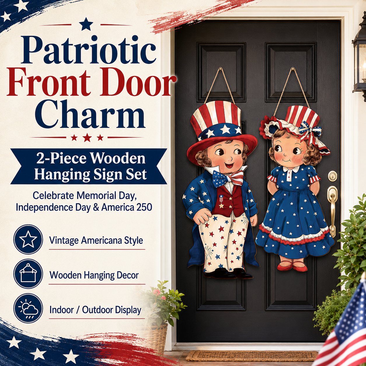 2-Piece Patriotic Wooden Hanging Door Signs – Vintage Americana Porch Decor