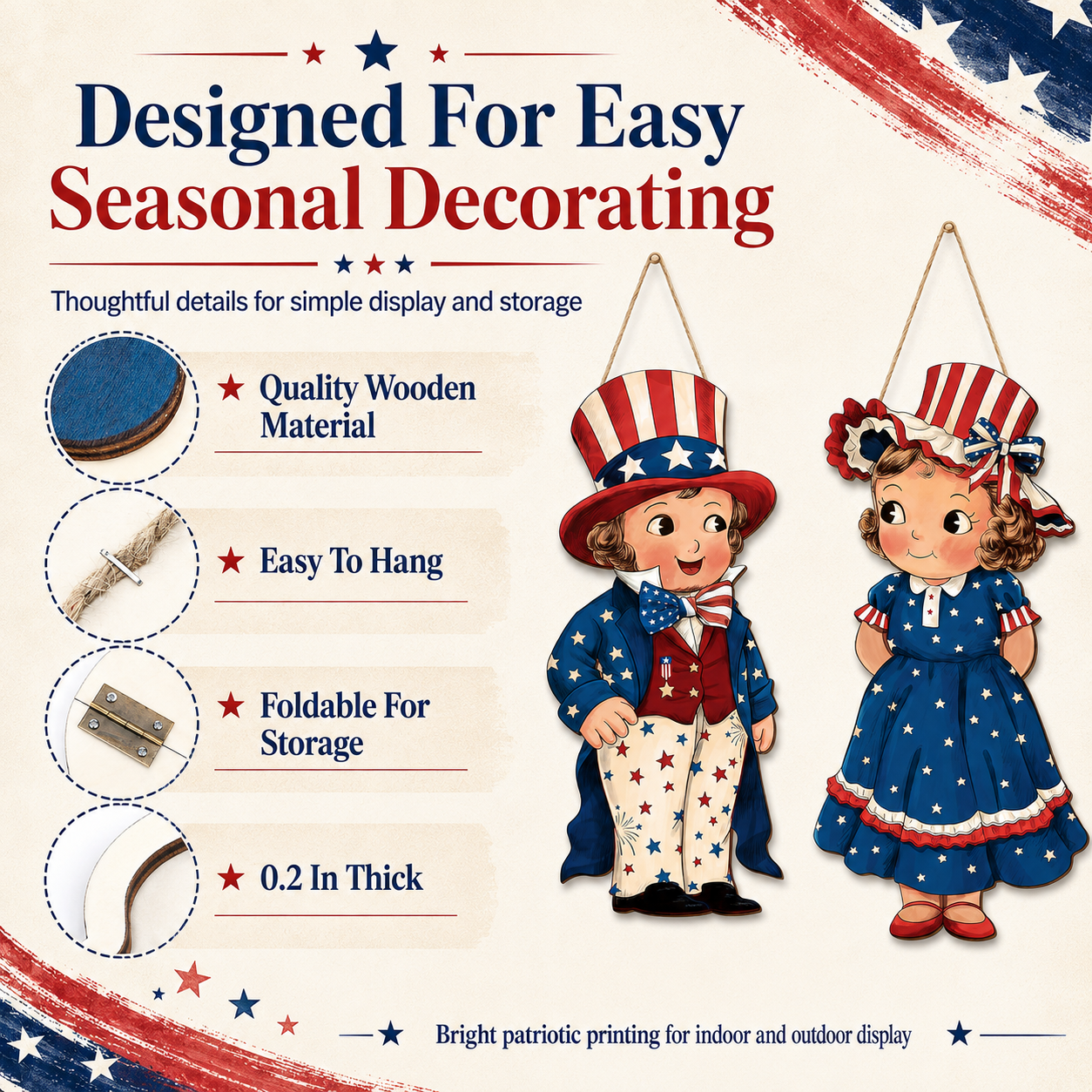 2-Piece Patriotic Wooden Hanging Door Signs – Vintage Americana Porch Decor