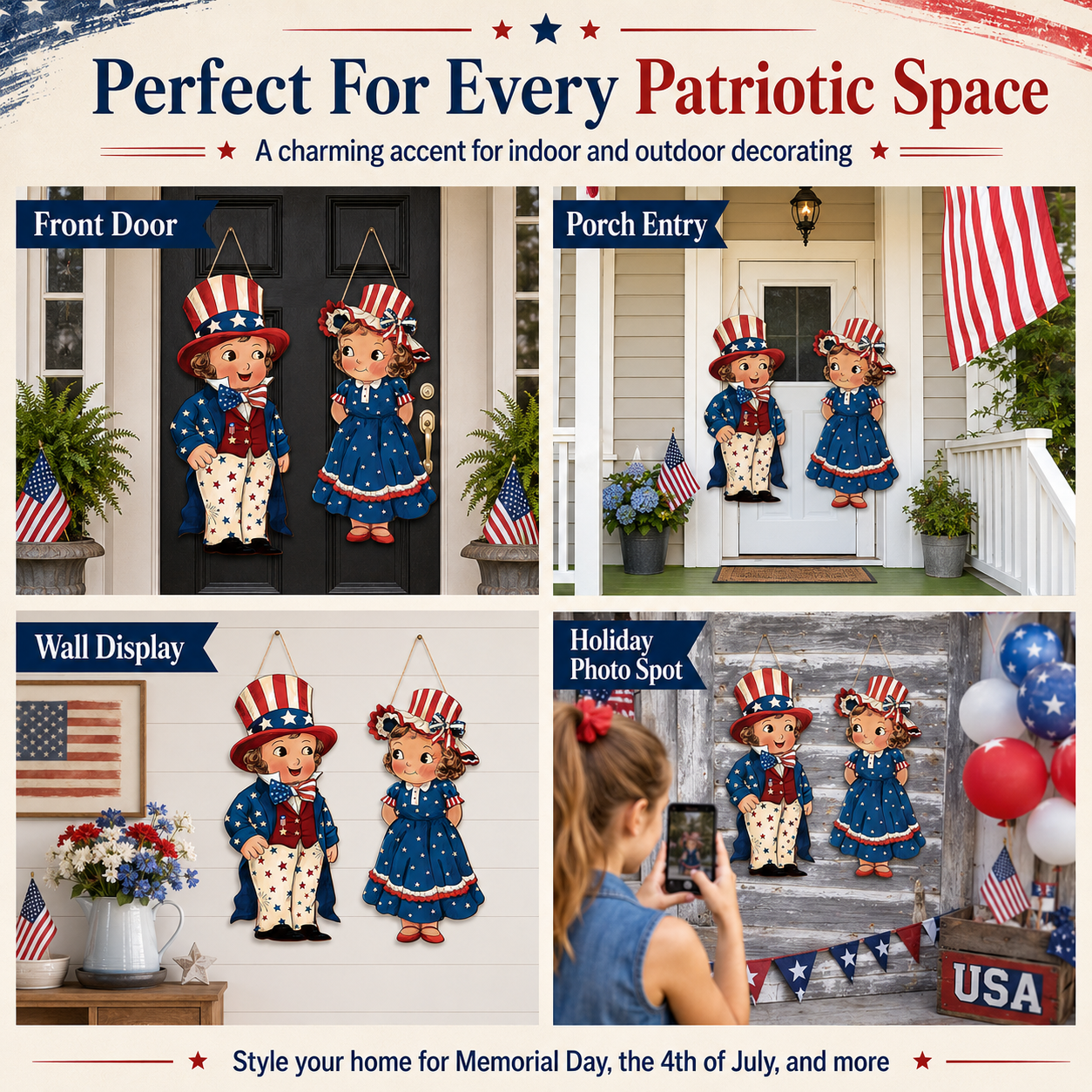 2-Piece Patriotic Wooden Hanging Door Signs – Vintage Americana Porch Decor