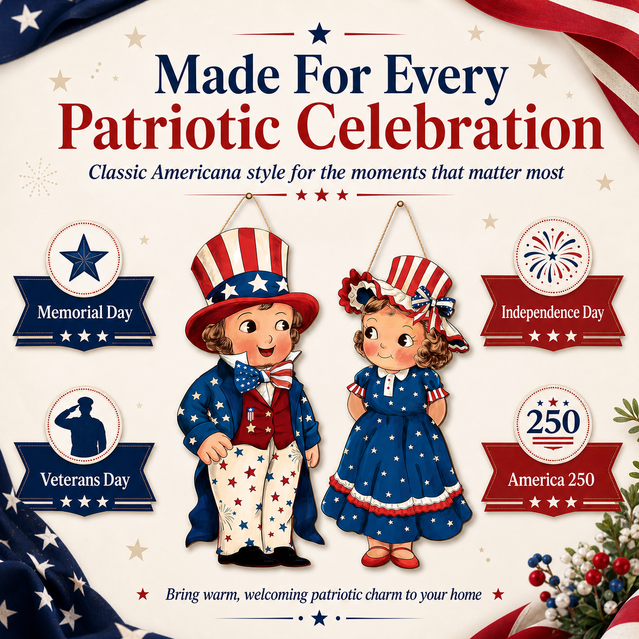 2-Piece Patriotic Wooden Hanging Door Signs – Vintage Americana Porch Decor