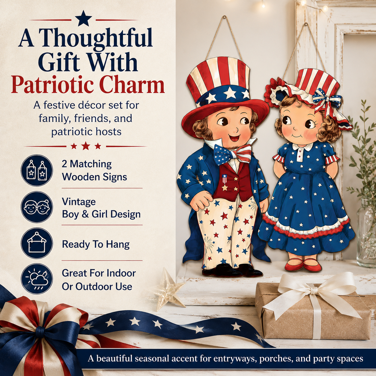 2-Piece Patriotic Wooden Hanging Door Signs – Vintage Americana Porch Decor
