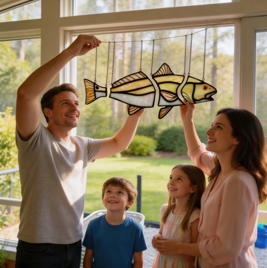 🐟 Handcrafted Stained Glass Red Drum Swimming Illusion Suncatcher✨