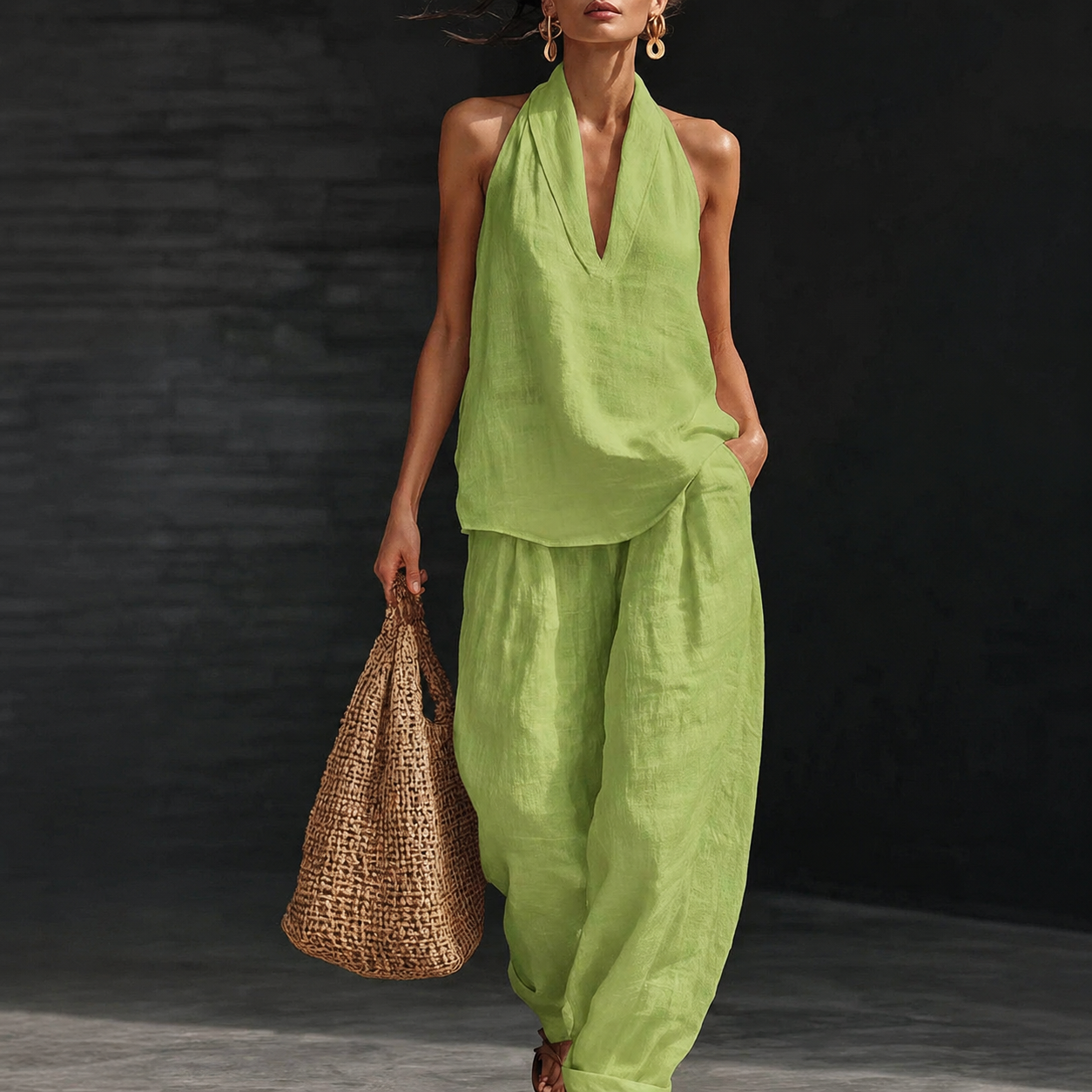 Halter-Neck V-Neck Linen-Cotton Shirt and Trousers Two-Piece Set