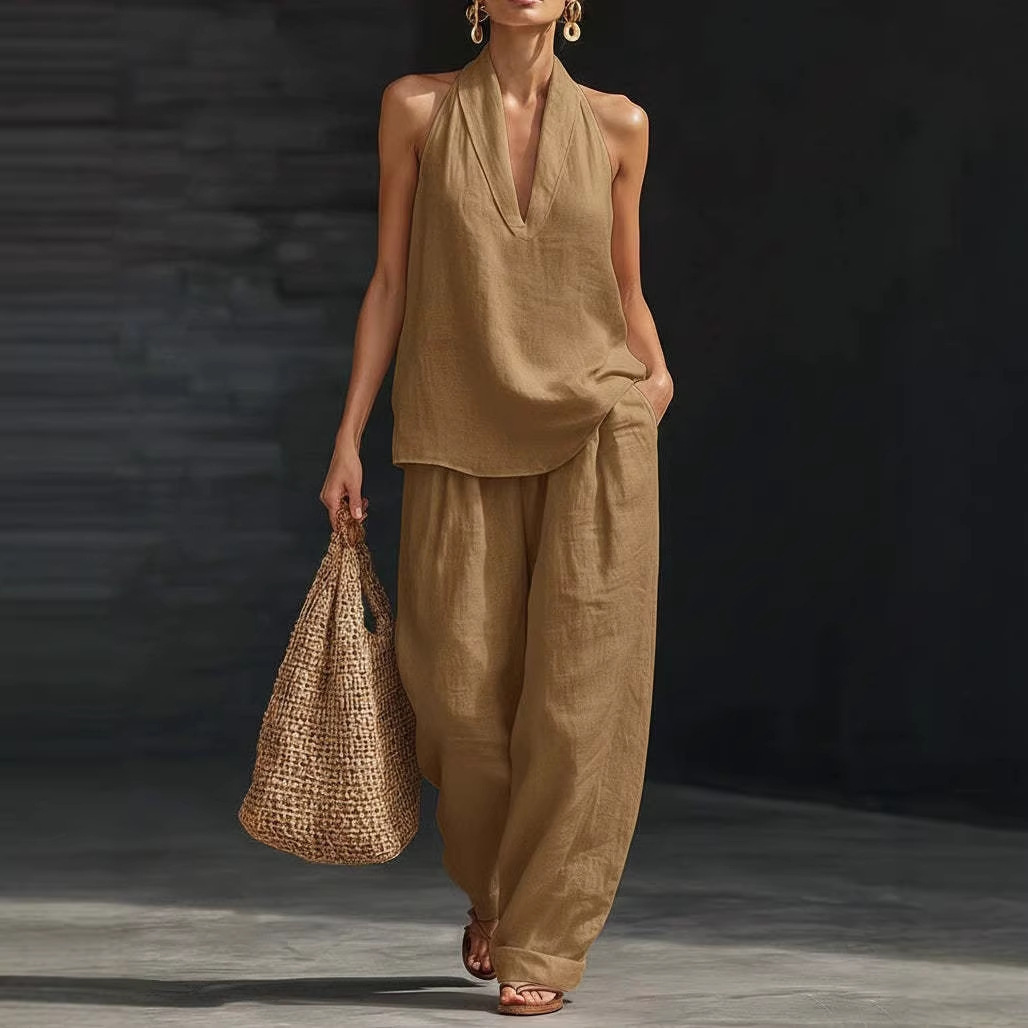 Halter-Neck V-Neck Linen-Cotton Shirt and Trousers Two-Piece Set