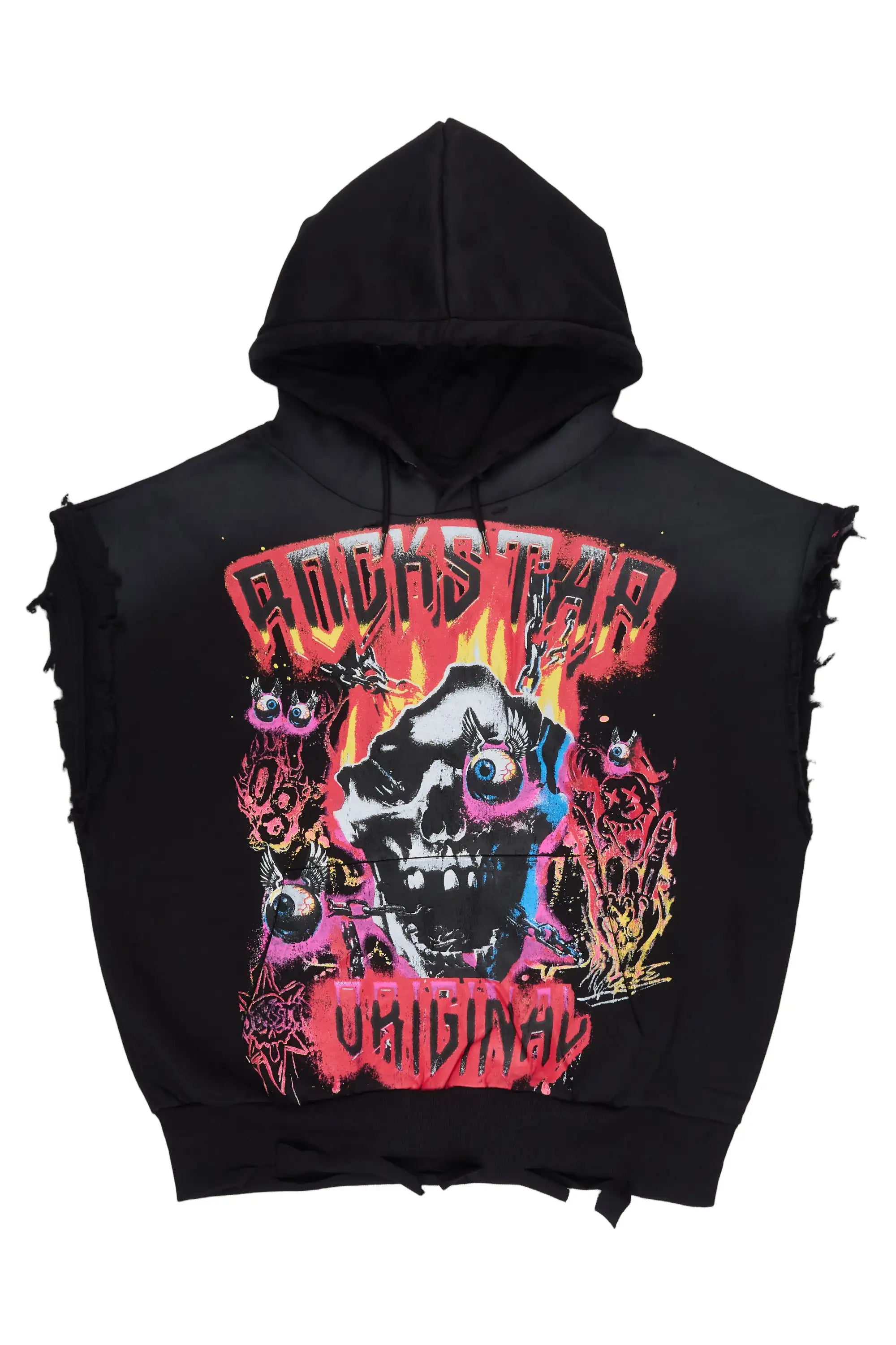 Styxx  Black Graphic Distressed Cut Sleeve Hoodie