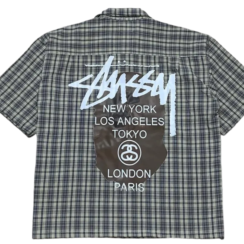 Letters Plaid Print Button Short Sleeve Shirt
