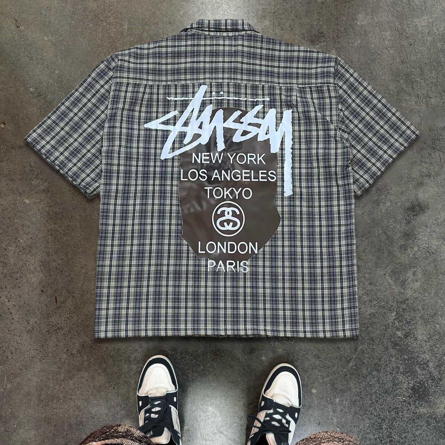 Letters Plaid Print Button Short Sleeve Shirt