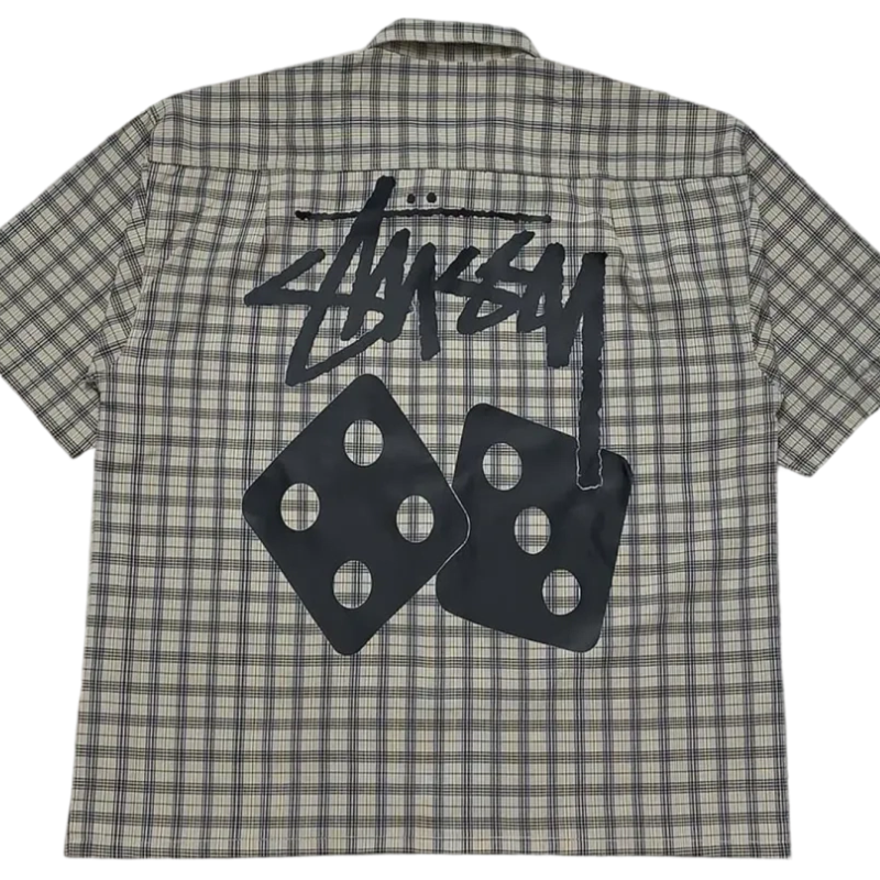 Letters Dice Plaid Print Button Short Sleeve Shirt