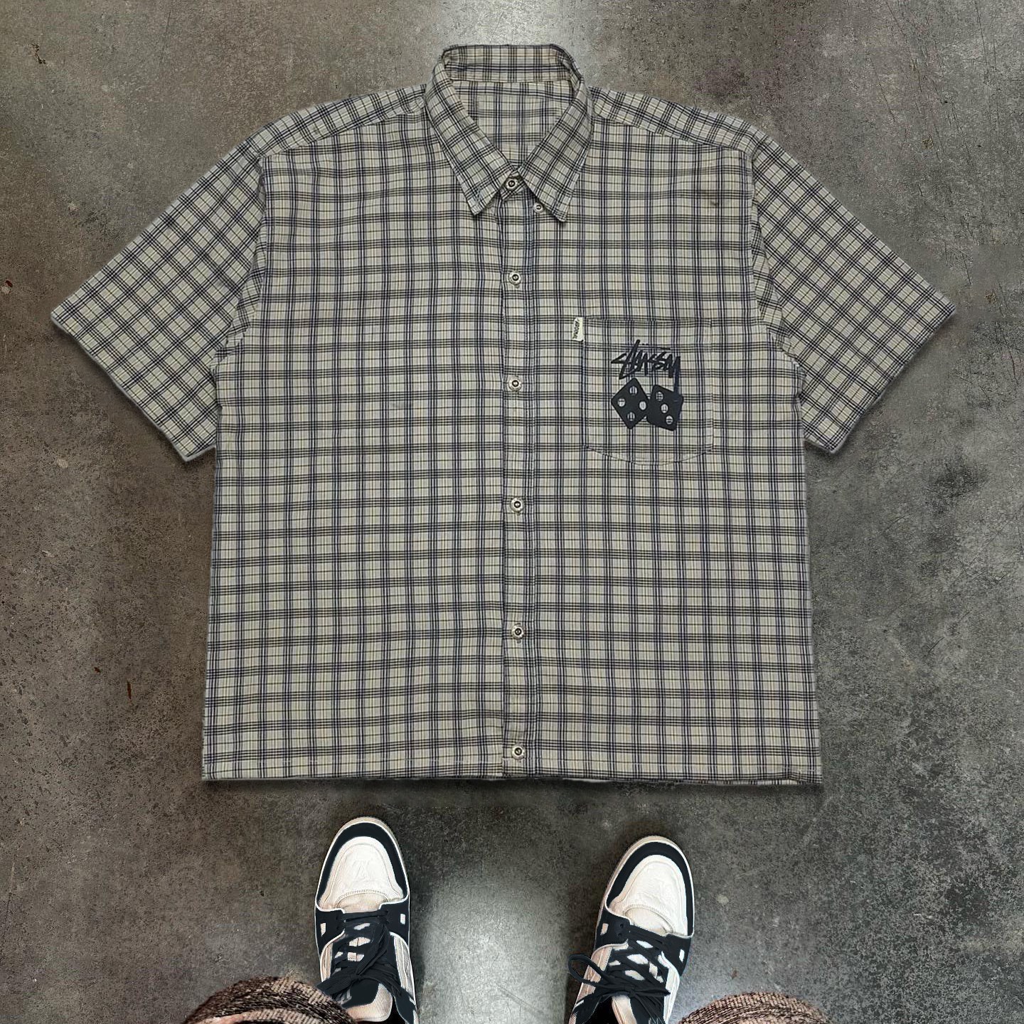 Letters Dice Plaid Print Button Short Sleeve Shirt