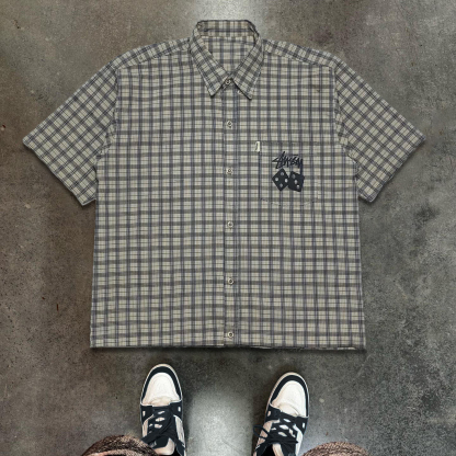 Letters Dice Plaid Print Button Short Sleeve Shirt