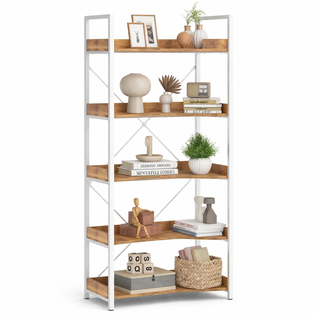 Leiterregal Holz Metall 5 Ebenen Weiss Natur Modernes Standregal