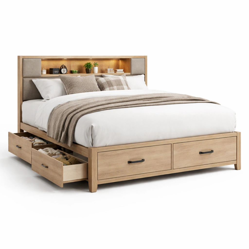 Doppelbett Mit Schubladen Holz Bettgestell 4 Schubladen Natur Modern