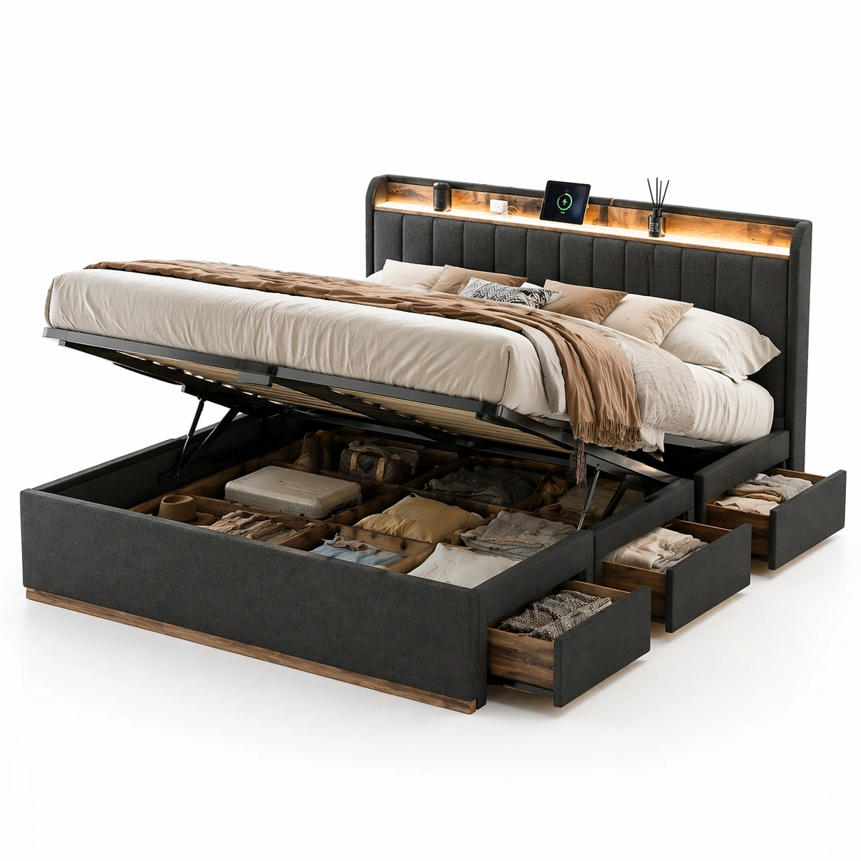 Stauraumbett Mit Hubfunktion Und Schubladen Dunkelgrau Modernes Bett