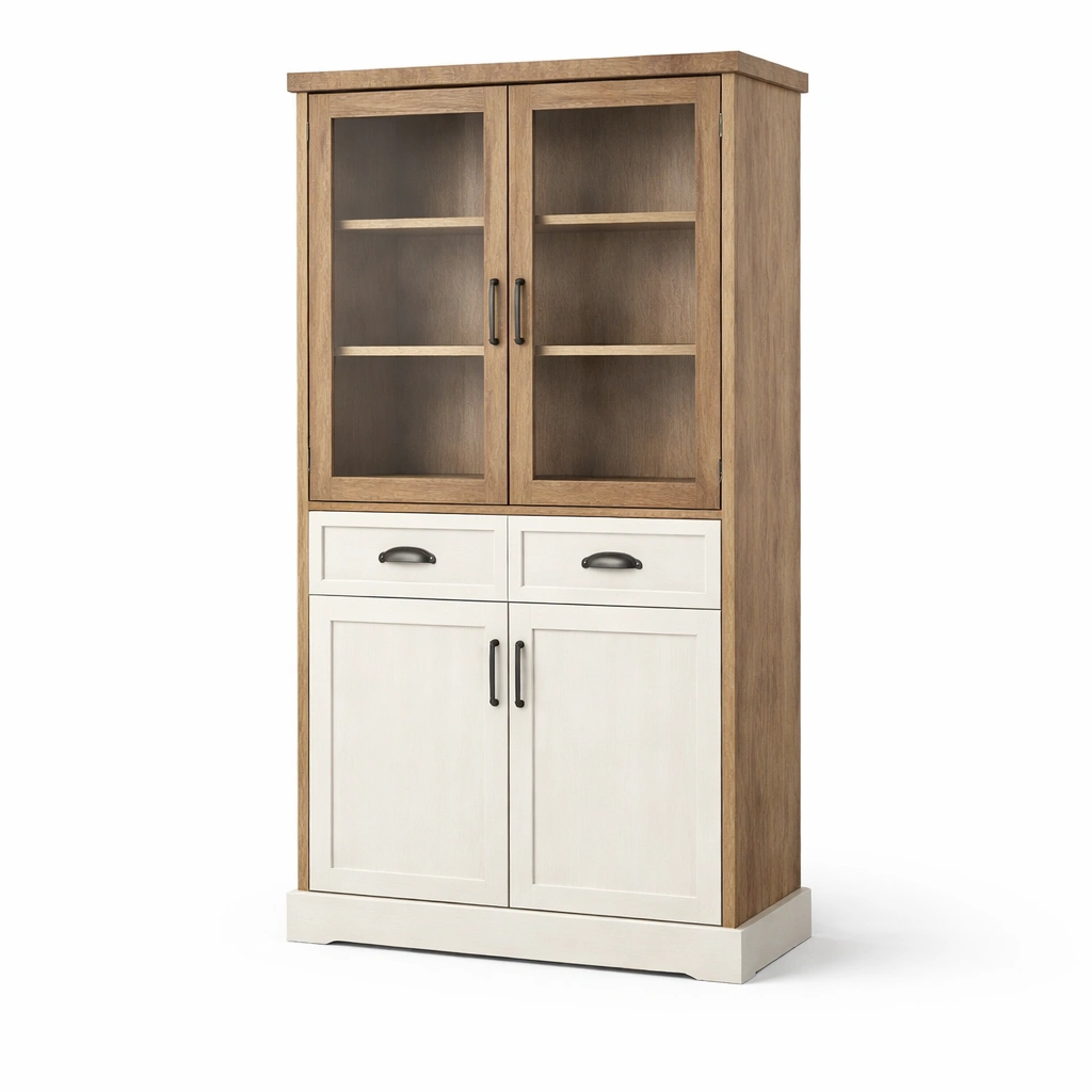 Vitrinenschrank Holz Glas Braun Weiss 2 Tueren Mit Schubladen