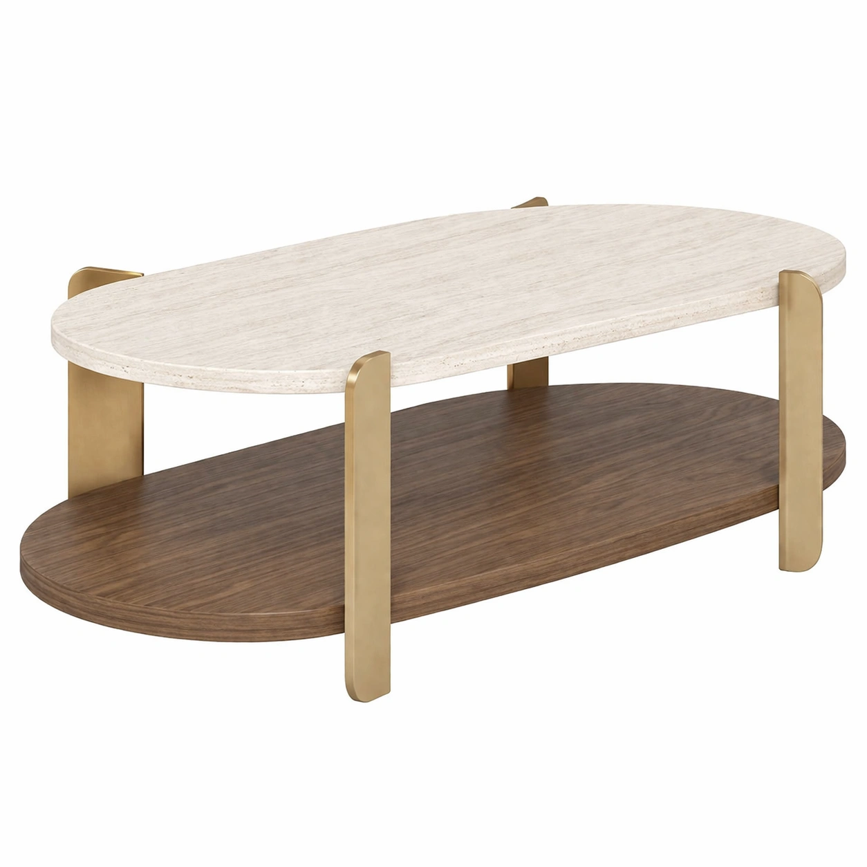 Couchtisch Oval Holz Metall Beige Braun Doppelplatte Modern