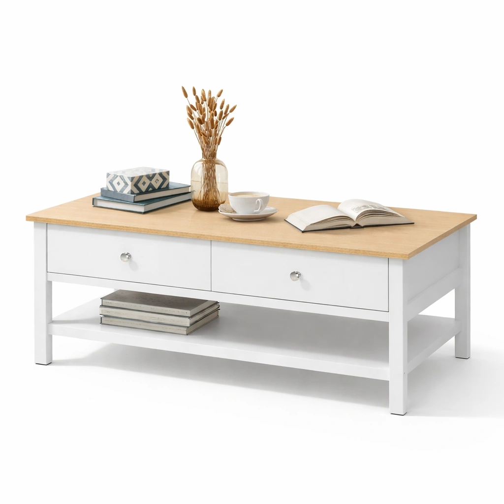 Couchtisch Holz Weiss Braun Mit Schubladen Und Ablage Modern