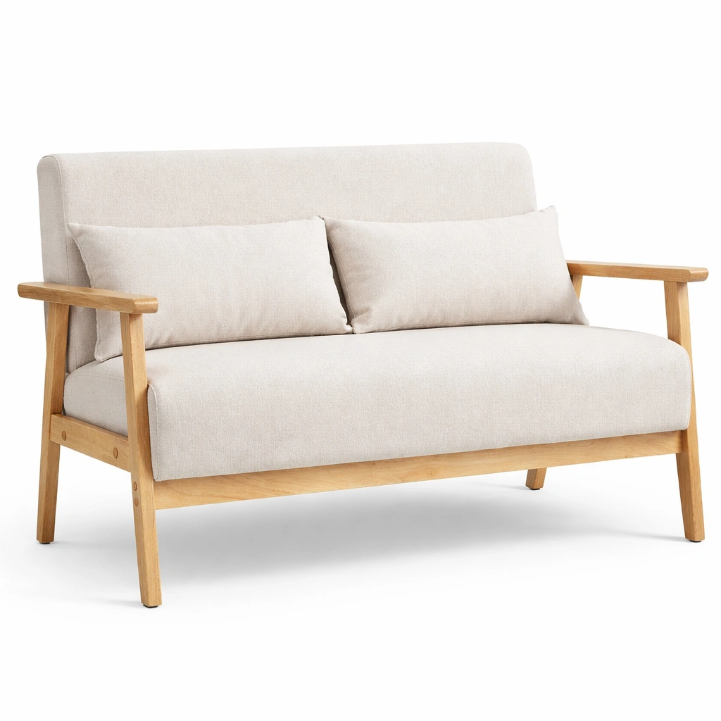 Sofa dos plazas madera natural tapizado beige estilo nordico-Zenyxio