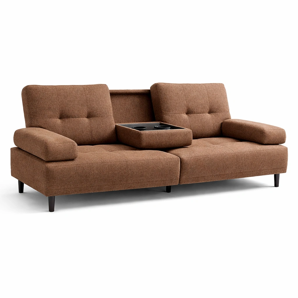 Sofa cama marron con apoyabrazos y bandeja central funcional-Zenyxio