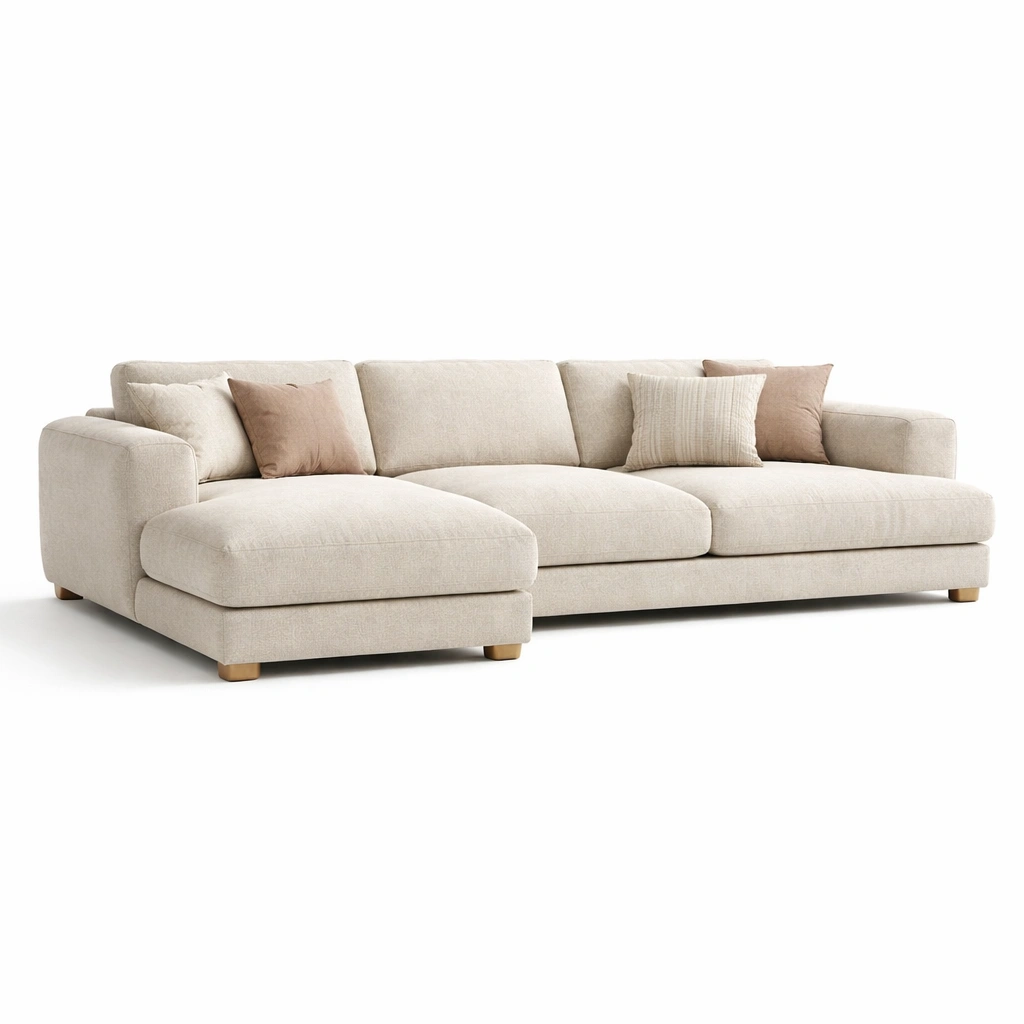 Sofa chaise longue beige claro con cojines estilo moderno-Zenyxio
